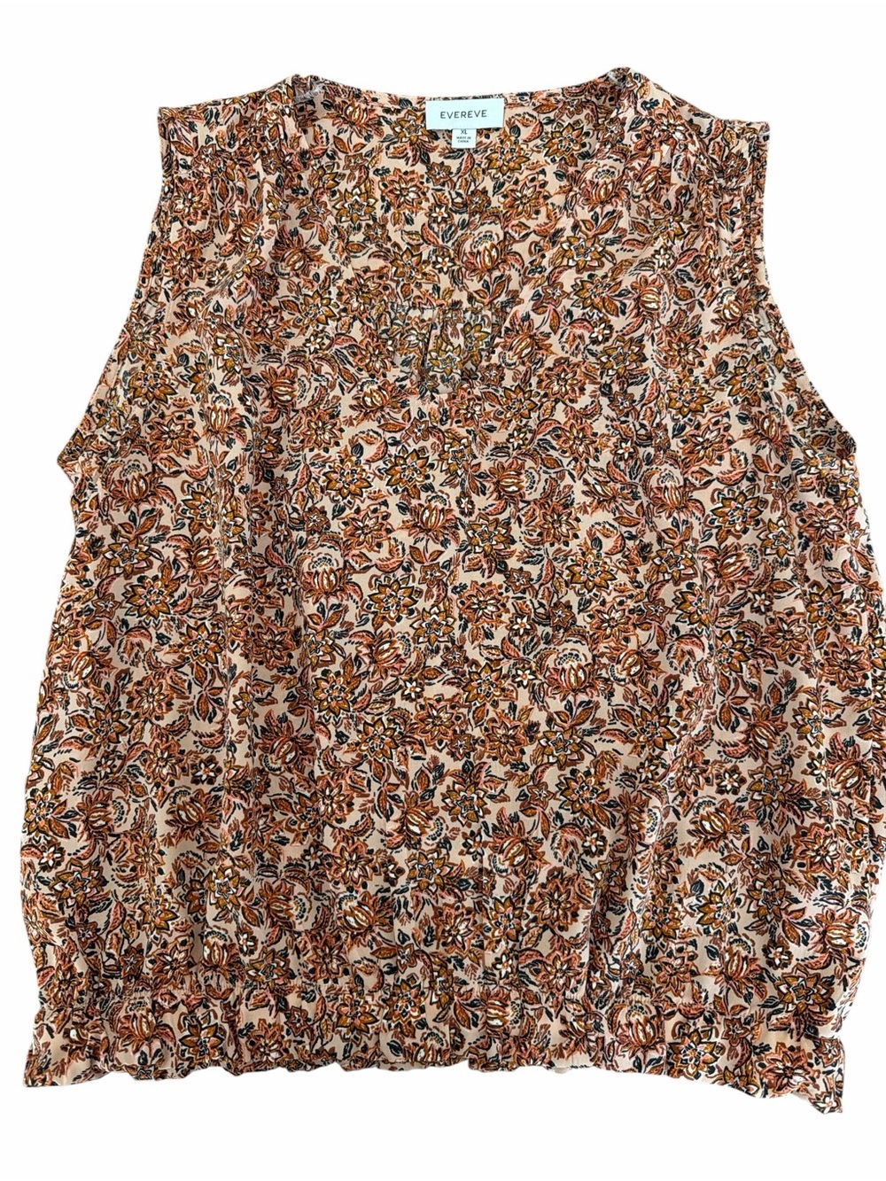 Evereve Olivia Paisley V-Neck Tank Top Size XL - Boho Floral Smocked Hem